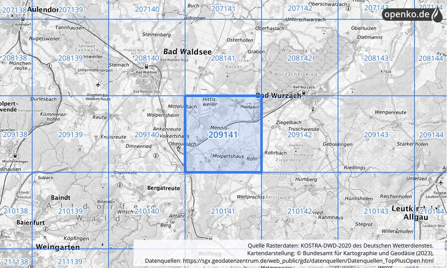 Übersichtskarte des KOSTRA-DWD-2020-Rasterfeldes Nr. 209141