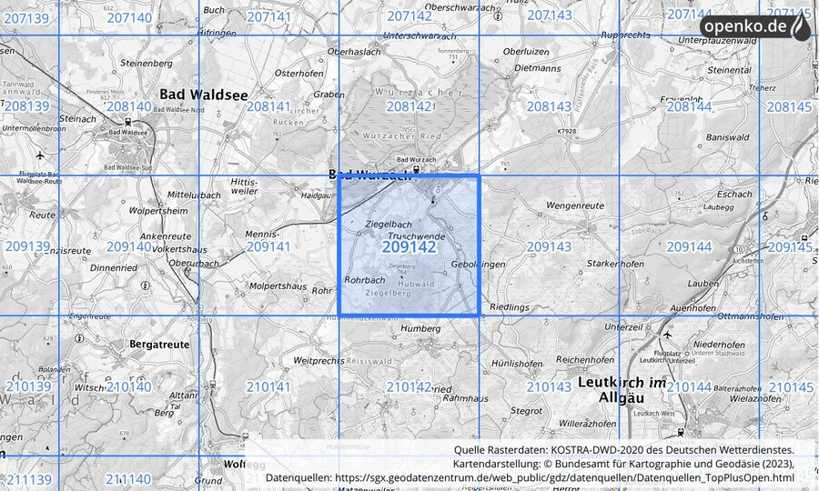 Übersichtskarte des KOSTRA-DWD-2020-Rasterfeldes Nr. 209142