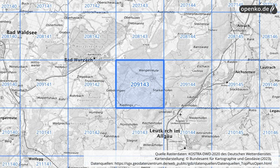 Übersichtskarte des KOSTRA-DWD-2020-Rasterfeldes Nr. 209143