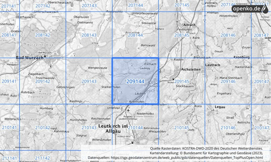 Übersichtskarte des KOSTRA-DWD-2020-Rasterfeldes Nr. 209144