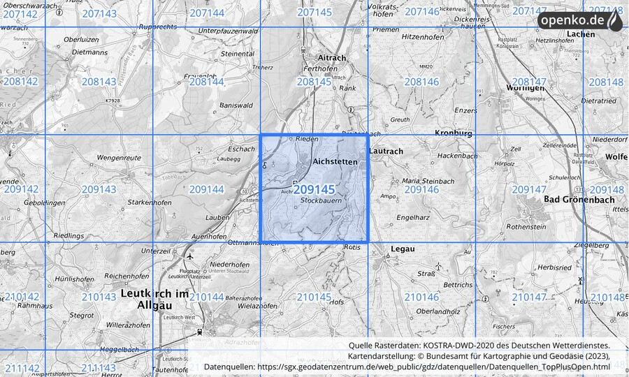 Übersichtskarte des KOSTRA-DWD-2020-Rasterfeldes Nr. 209145