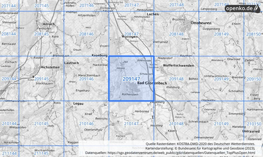 Übersichtskarte des KOSTRA-DWD-2020-Rasterfeldes Nr. 209147