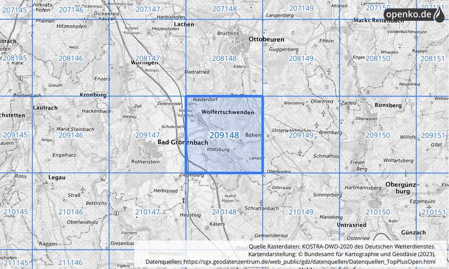 Übersichtskarte des KOSTRA-DWD-2020-Rasterfeldes Nr. 209148