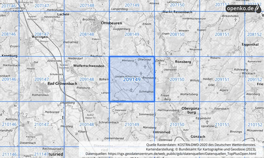 Übersichtskarte des KOSTRA-DWD-2020-Rasterfeldes Nr. 209149