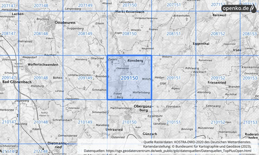 Übersichtskarte des KOSTRA-DWD-2020-Rasterfeldes Nr. 209150