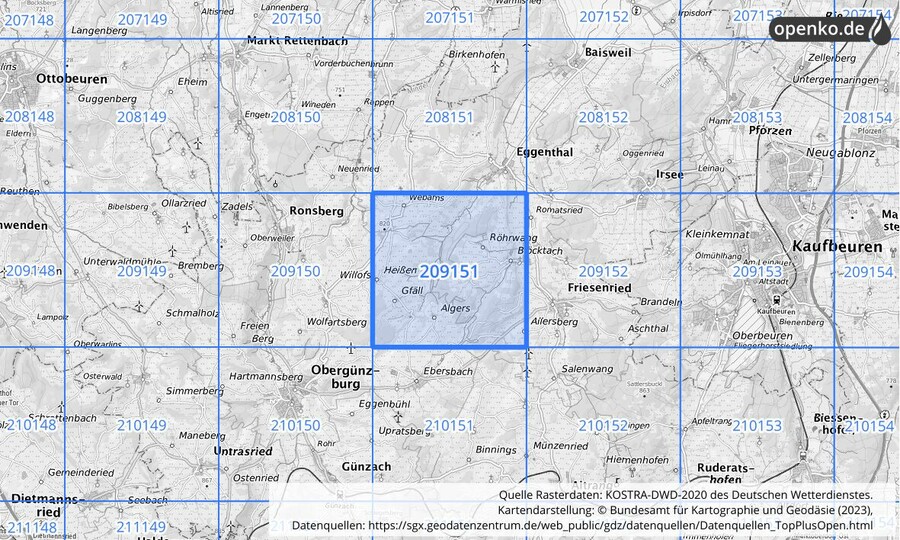 Übersichtskarte des KOSTRA-DWD-2020-Rasterfeldes Nr. 209151