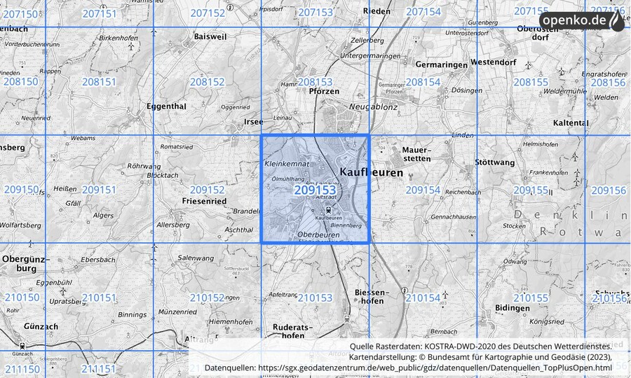 Übersichtskarte des KOSTRA-DWD-2020-Rasterfeldes Nr. 209153