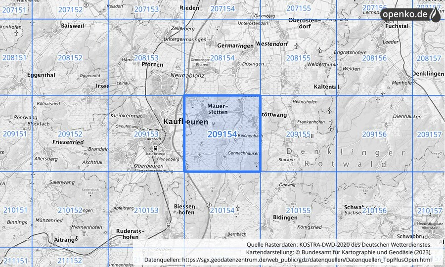 Übersichtskarte des KOSTRA-DWD-2020-Rasterfeldes Nr. 209154