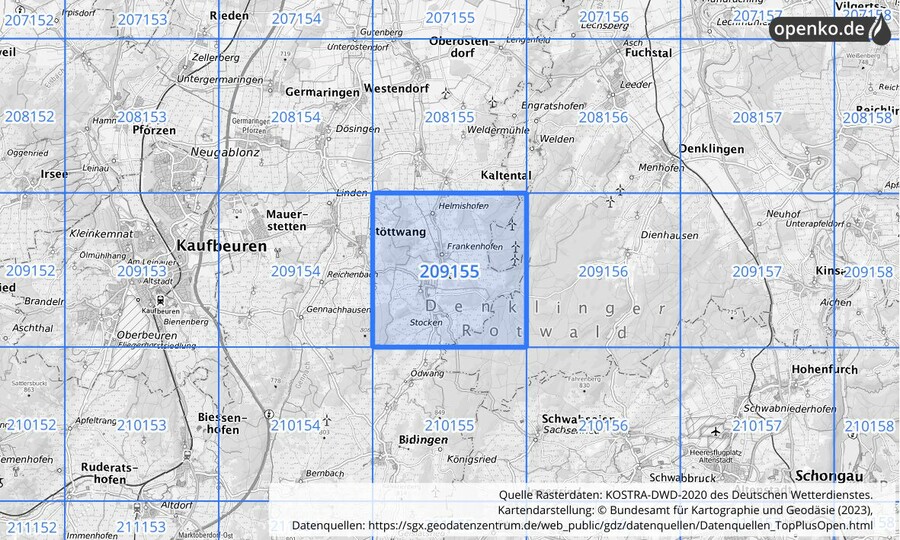 Übersichtskarte des KOSTRA-DWD-2020-Rasterfeldes Nr. 209155