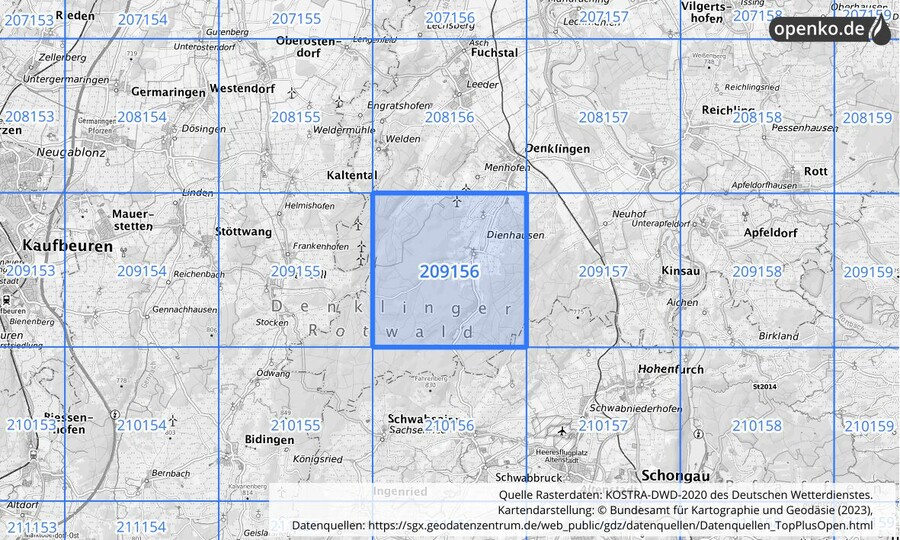 Übersichtskarte des KOSTRA-DWD-2020-Rasterfeldes Nr. 209156