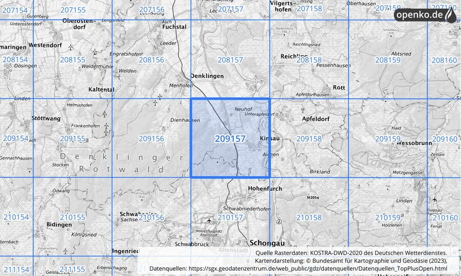 Übersichtskarte des KOSTRA-DWD-2020-Rasterfeldes Nr. 209157