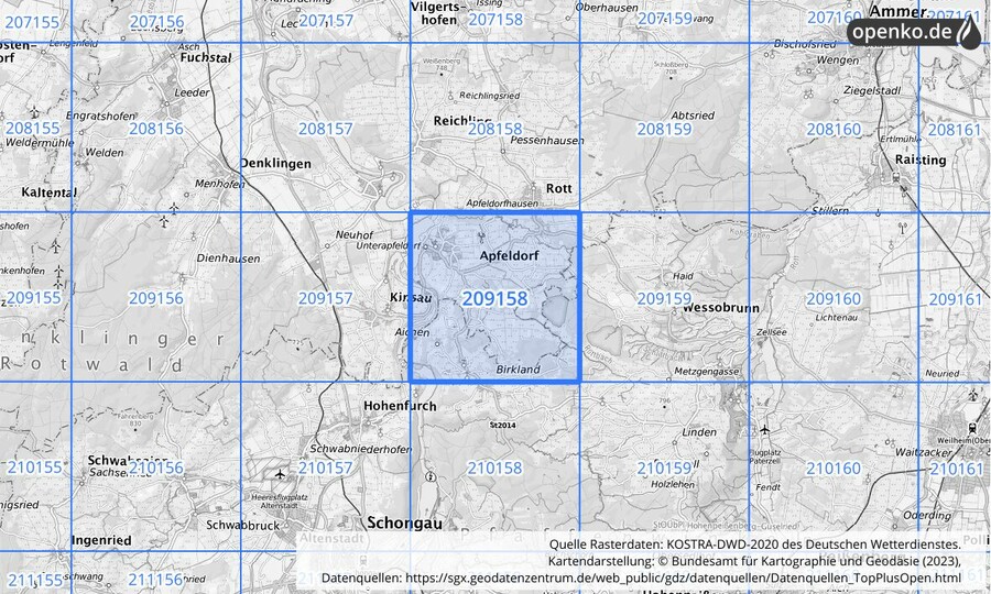 Übersichtskarte des KOSTRA-DWD-2020-Rasterfeldes Nr. 209158