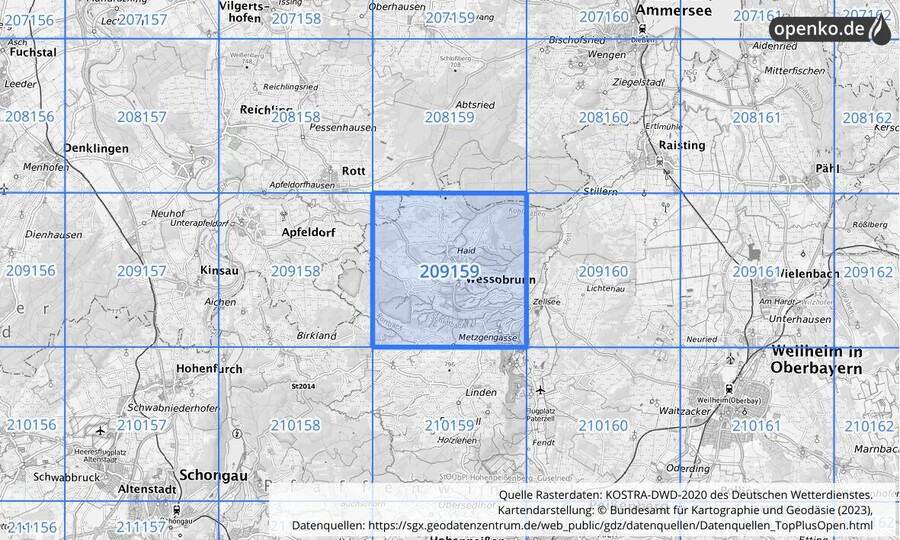 Übersichtskarte des KOSTRA-DWD-2020-Rasterfeldes Nr. 209159