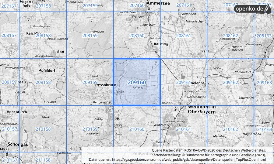 Übersichtskarte des KOSTRA-DWD-2020-Rasterfeldes Nr. 209160