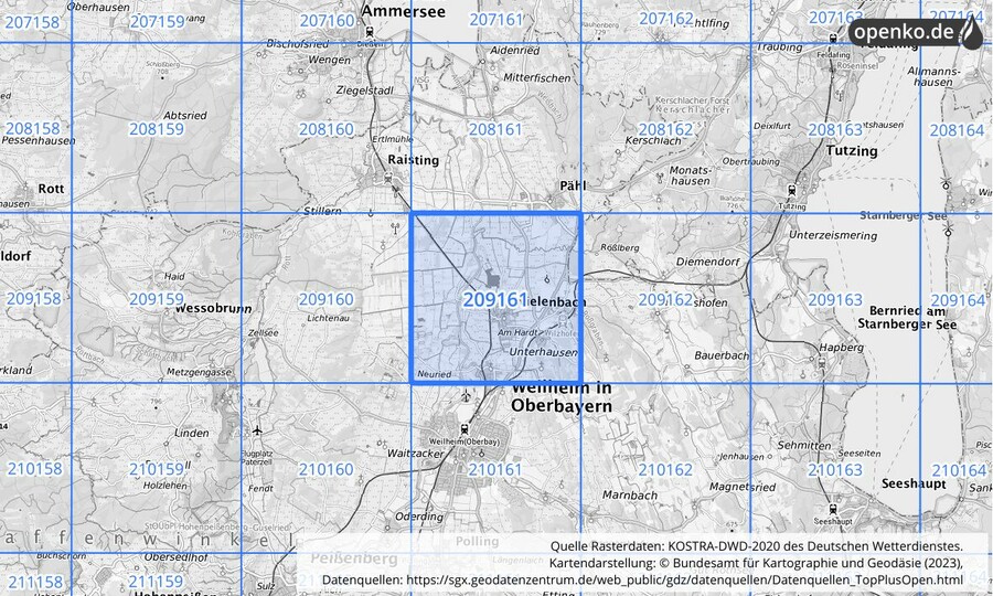 Übersichtskarte des KOSTRA-DWD-2020-Rasterfeldes Nr. 209161
