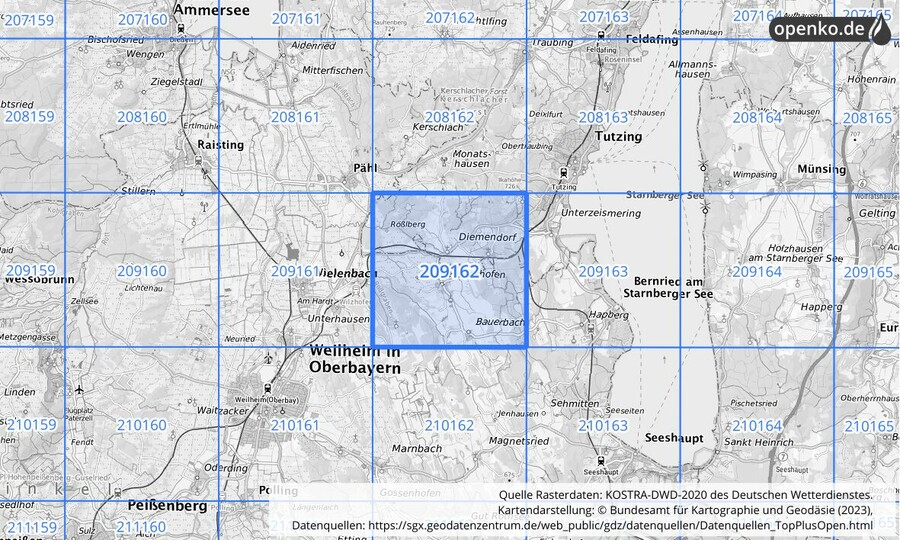 Übersichtskarte des KOSTRA-DWD-2020-Rasterfeldes Nr. 209162