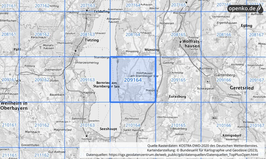 Übersichtskarte des KOSTRA-DWD-2020-Rasterfeldes Nr. 209164