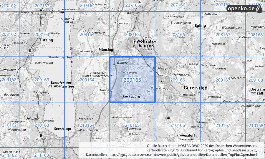 Übersichtskarte des KOSTRA-DWD-2020-Rasterfeldes Nr. 209165