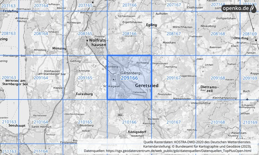 Übersichtskarte des KOSTRA-DWD-2020-Rasterfeldes Nr. 209166