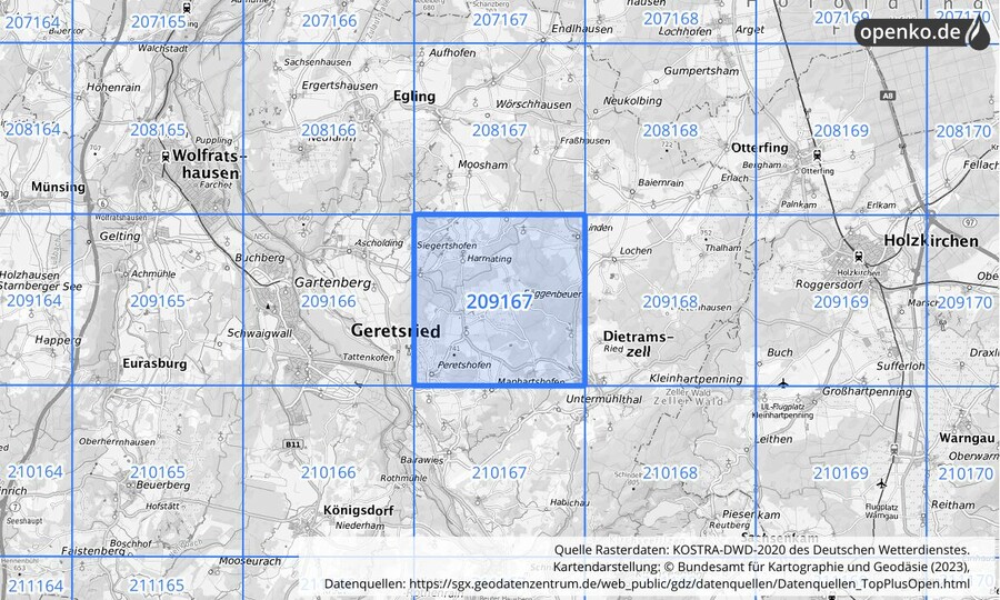 Übersichtskarte des KOSTRA-DWD-2020-Rasterfeldes Nr. 209167