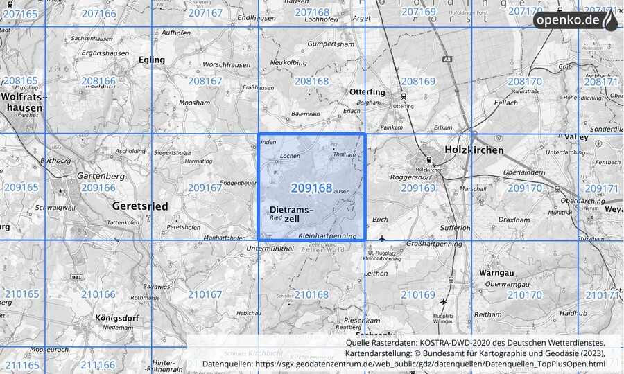 Übersichtskarte des KOSTRA-DWD-2020-Rasterfeldes Nr. 209168