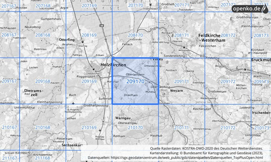 Übersichtskarte des KOSTRA-DWD-2020-Rasterfeldes Nr. 209170