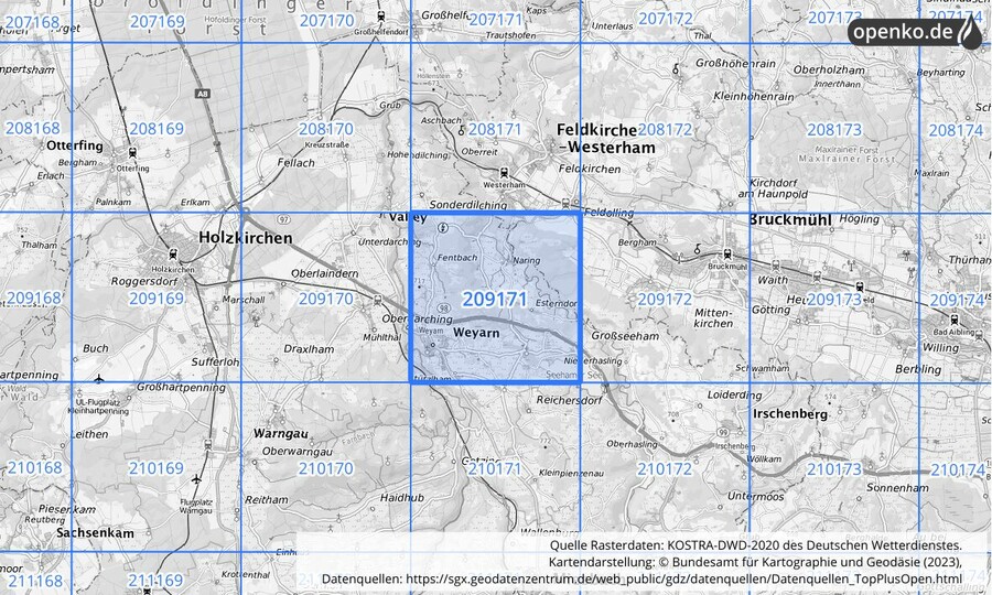 Übersichtskarte des KOSTRA-DWD-2020-Rasterfeldes Nr. 209171