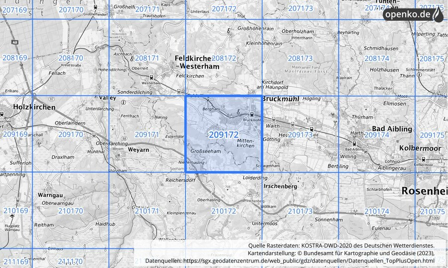 Übersichtskarte des KOSTRA-DWD-2020-Rasterfeldes Nr. 209172