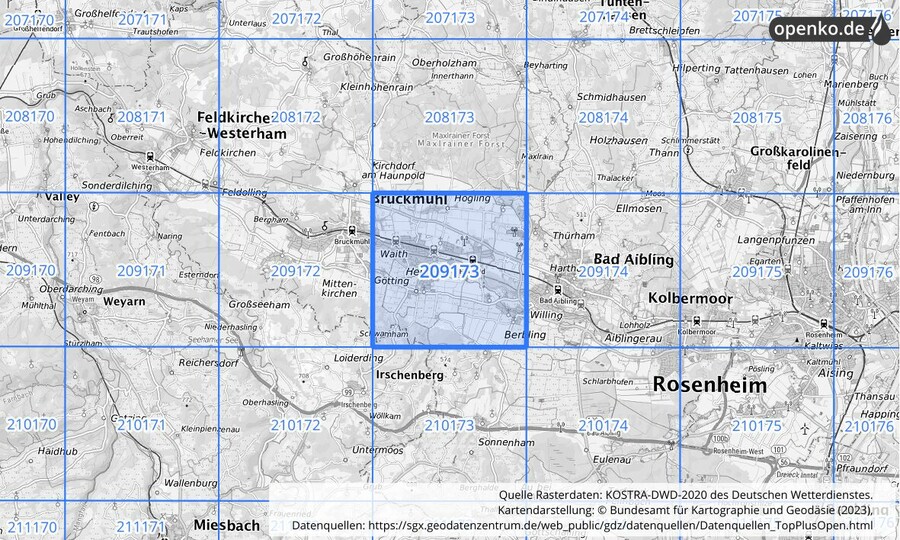 Übersichtskarte des KOSTRA-DWD-2020-Rasterfeldes Nr. 209173