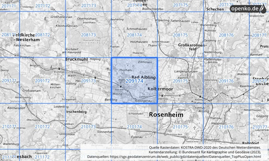 Übersichtskarte des KOSTRA-DWD-2020-Rasterfeldes Nr. 209174