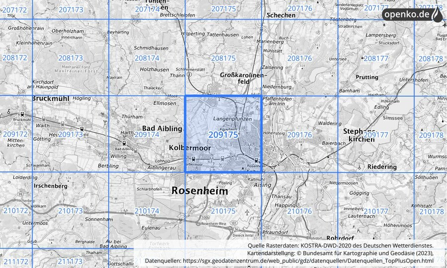 Übersichtskarte des KOSTRA-DWD-2020-Rasterfeldes Nr. 209175