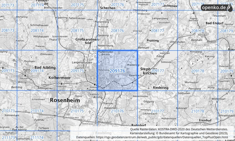 Übersichtskarte des KOSTRA-DWD-2020-Rasterfeldes Nr. 209176