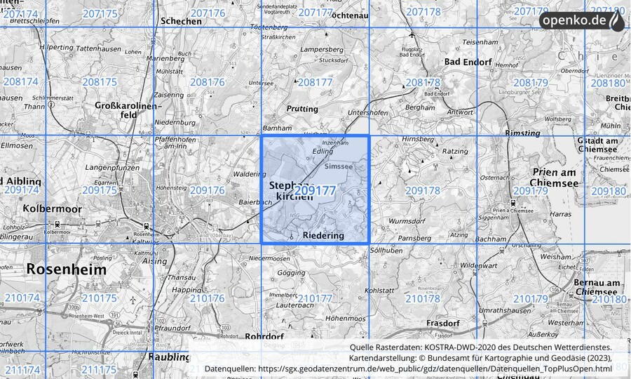 Übersichtskarte des KOSTRA-DWD-2020-Rasterfeldes Nr. 209177