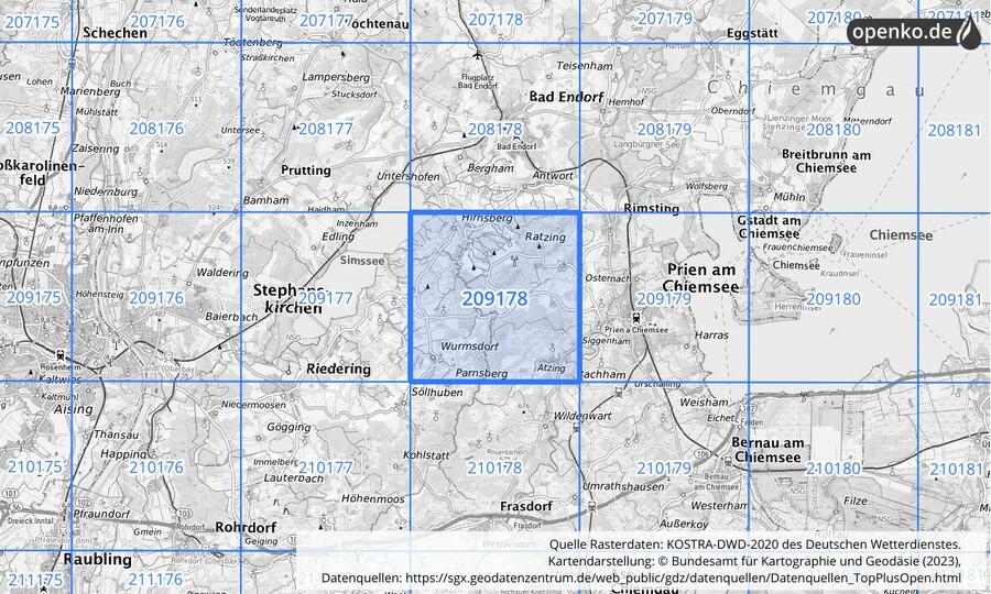 Übersichtskarte des KOSTRA-DWD-2020-Rasterfeldes Nr. 209178