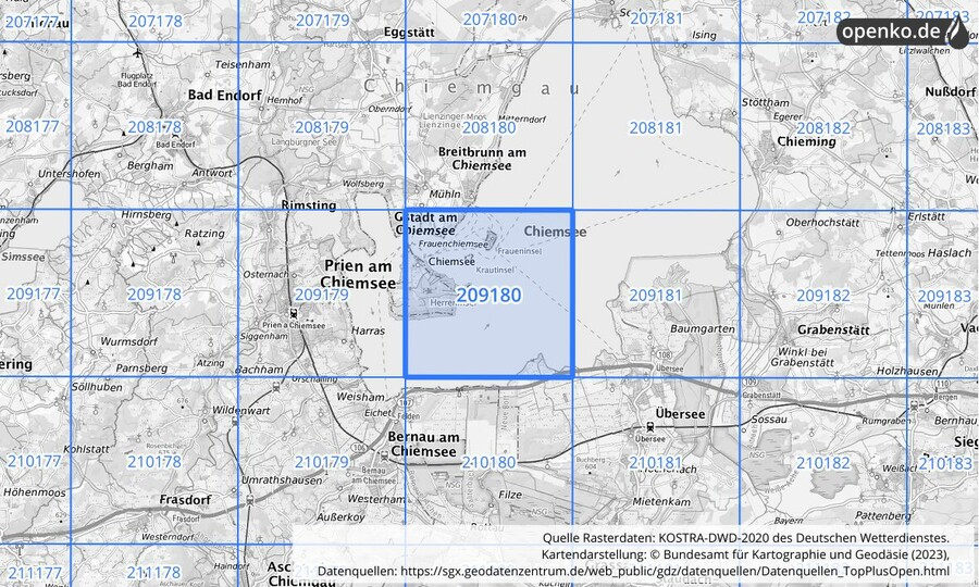 Übersichtskarte des KOSTRA-DWD-2020-Rasterfeldes Nr. 209180