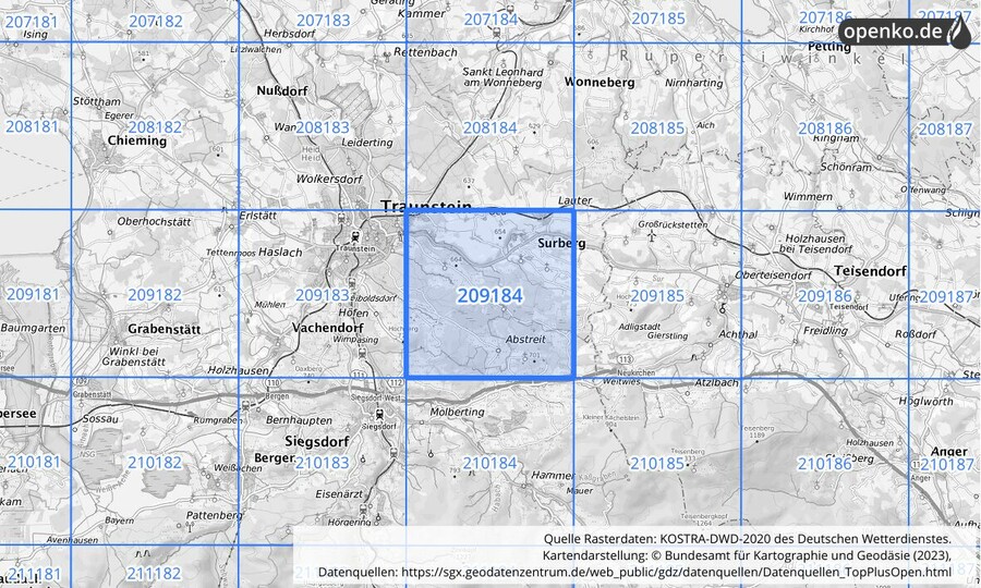 Übersichtskarte des KOSTRA-DWD-2020-Rasterfeldes Nr. 209184