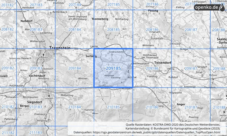 Übersichtskarte des KOSTRA-DWD-2020-Rasterfeldes Nr. 209185