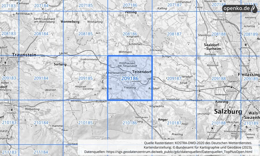 Übersichtskarte des KOSTRA-DWD-2020-Rasterfeldes Nr. 209186