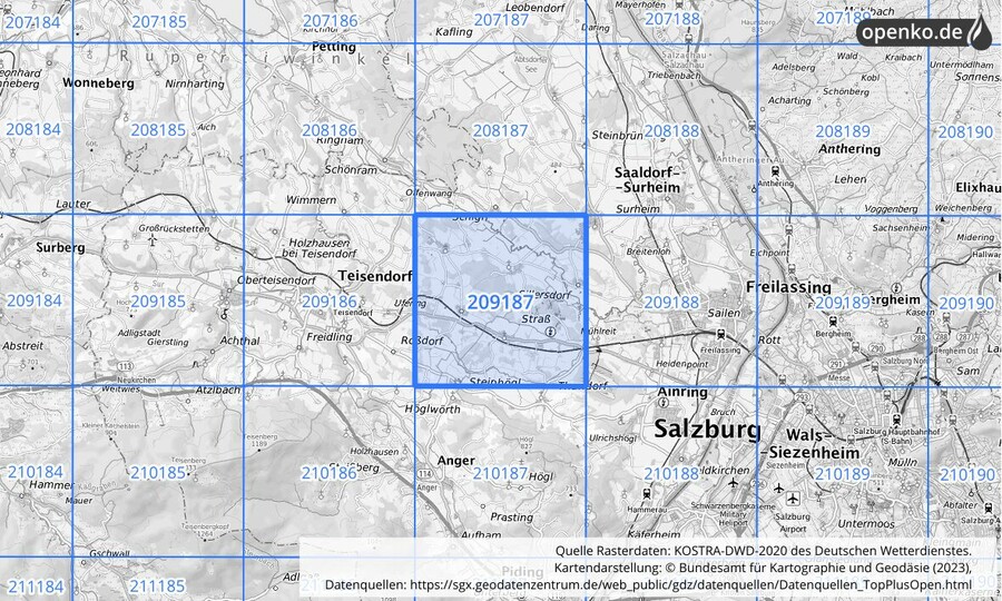 Übersichtskarte des KOSTRA-DWD-2020-Rasterfeldes Nr. 209187