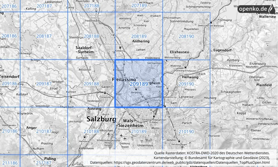 Übersichtskarte des KOSTRA-DWD-2020-Rasterfeldes Nr. 209189