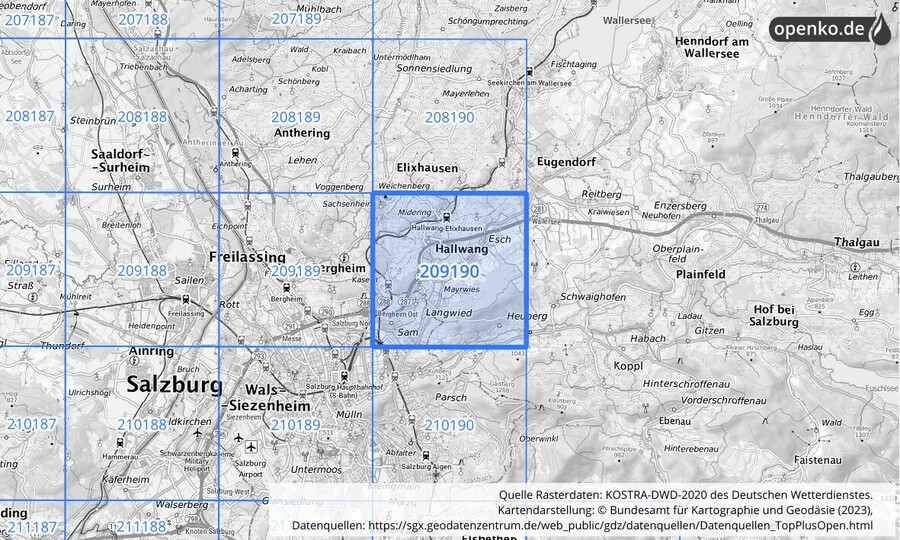 Übersichtskarte des KOSTRA-DWD-2020-Rasterfeldes Nr. 209190