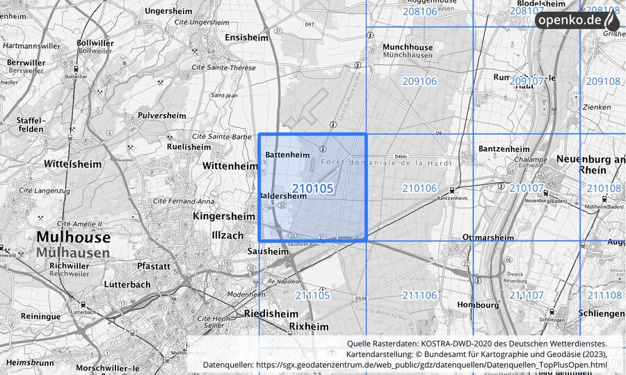 Übersichtskarte des KOSTRA-DWD-2020-Rasterfeldes Nr. 210105