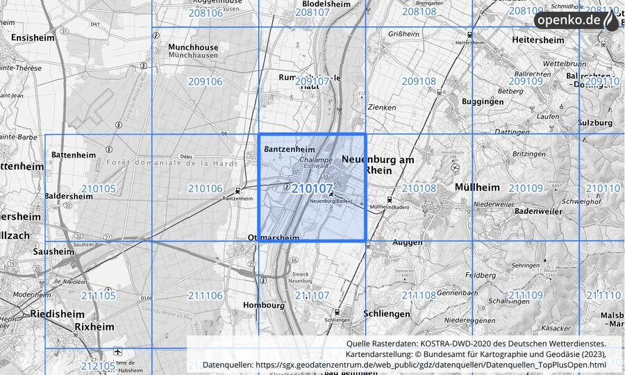 Übersichtskarte des KOSTRA-DWD-2020-Rasterfeldes Nr. 210107