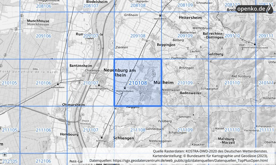 Übersichtskarte des KOSTRA-DWD-2020-Rasterfeldes Nr. 210108