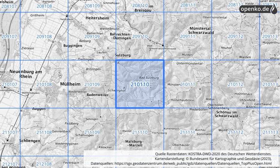 Übersichtskarte des KOSTRA-DWD-2020-Rasterfeldes Nr. 210110