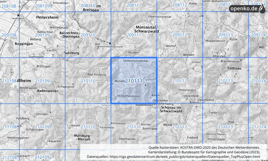 Übersichtskarte des KOSTRA-DWD-2020-Rasterfeldes Nr. 210111