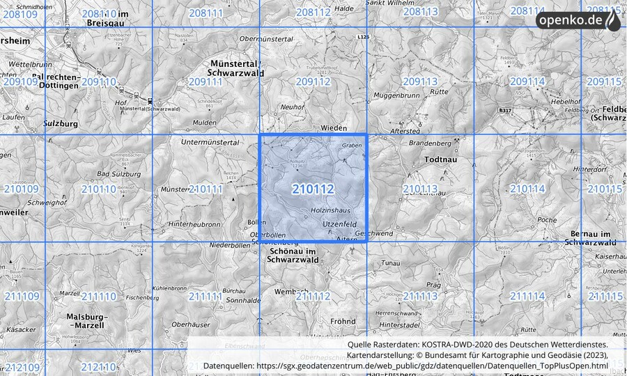 Übersichtskarte des KOSTRA-DWD-2020-Rasterfeldes Nr. 210112