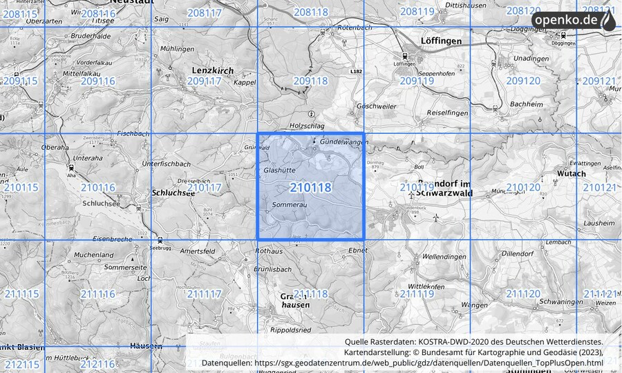 Übersichtskarte des KOSTRA-DWD-2020-Rasterfeldes Nr. 210118