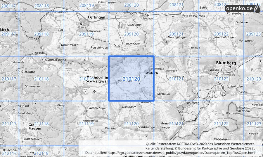 Übersichtskarte des KOSTRA-DWD-2020-Rasterfeldes Nr. 210120