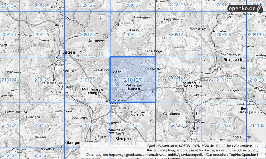 Übersichtskarte des KOSTRA-DWD-2020-Rasterfeldes Nr. 210127